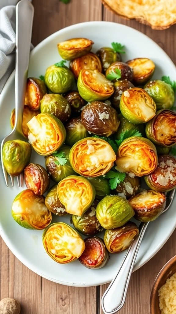 Oven-Roasted Parmesan Brussels Sprouts Oven-roasted Parmesan Brussels sprouts on a plate, garnished with parsley.